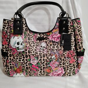Ed Hardy Leopard Print Skull and Floral Tote Bag.